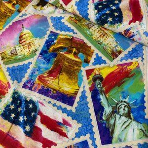 NEW Connie Haley Elizabeths Studio Colorful Stamps Postcards America Fabric BTY